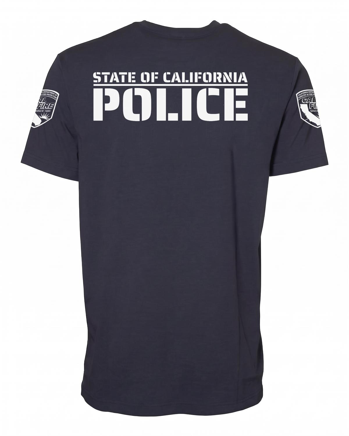 Back of the navy Independent Trading lightweight short-sleeve CAL FIRE Law Enforcement shirt showing the large white STATE OF CALIFORNIA over POLICE print, with a CAL FIRE shield on each shoulder