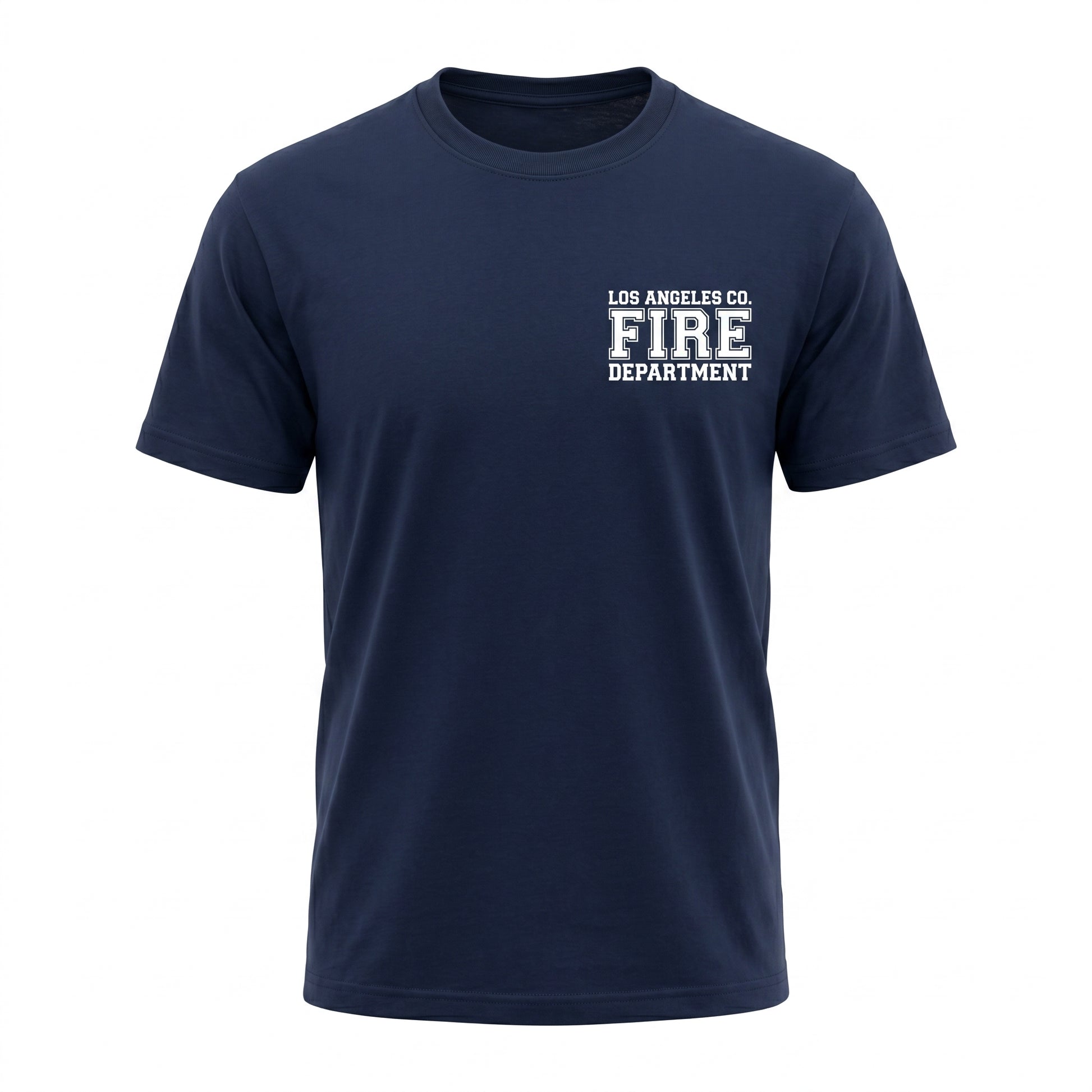 Los Angeles County Fire Department Independent men's short sleeve navy shirt, front view with left chest LACoFD logo