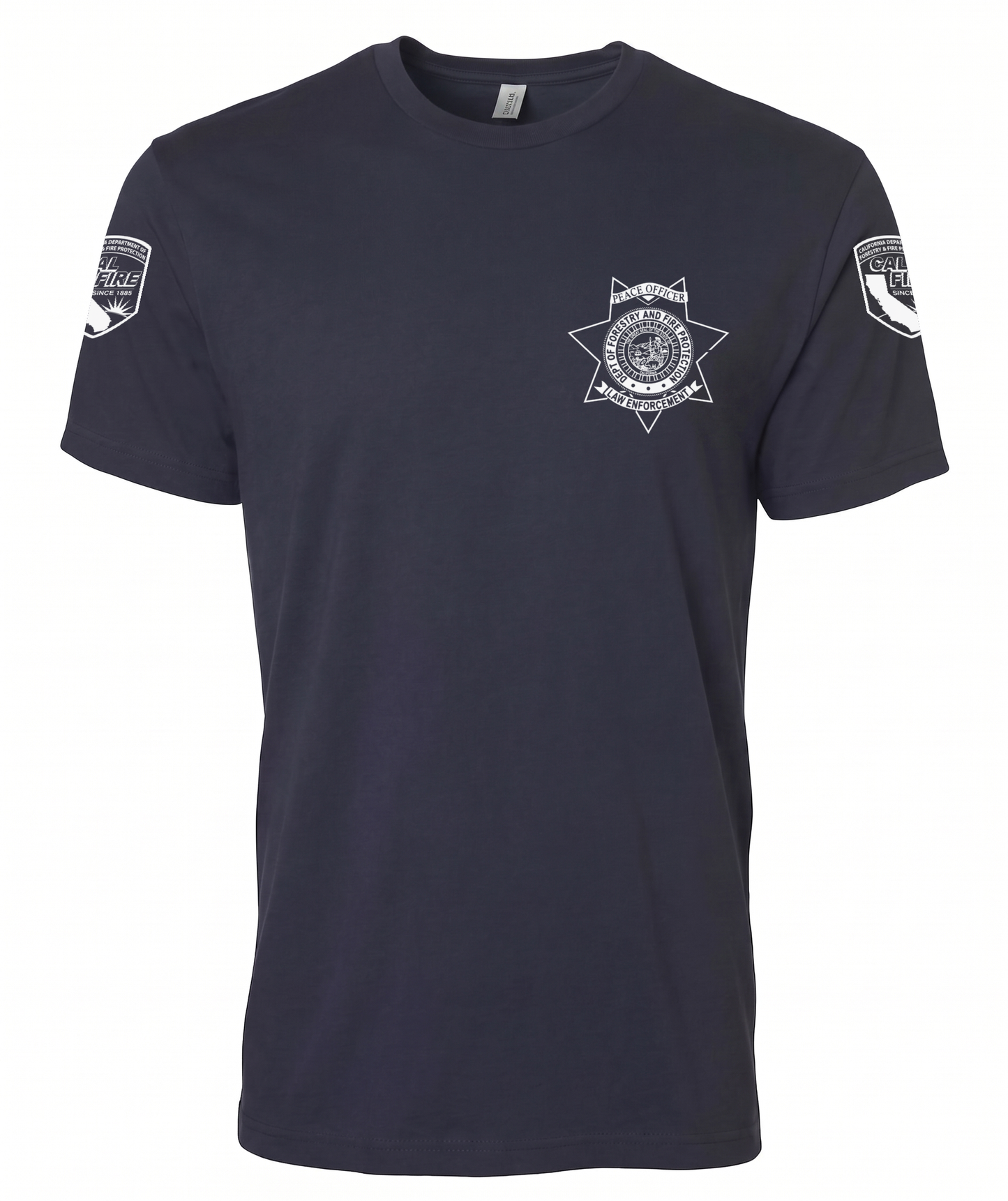 Navy Independent Trading lightweight short-sleeve CAL FIRE Law Enforcement shirt, front view, with the white CAL FIRE Peace Officer seven-point star badge on the left chest and a CAL FIRE shield on each shoulder