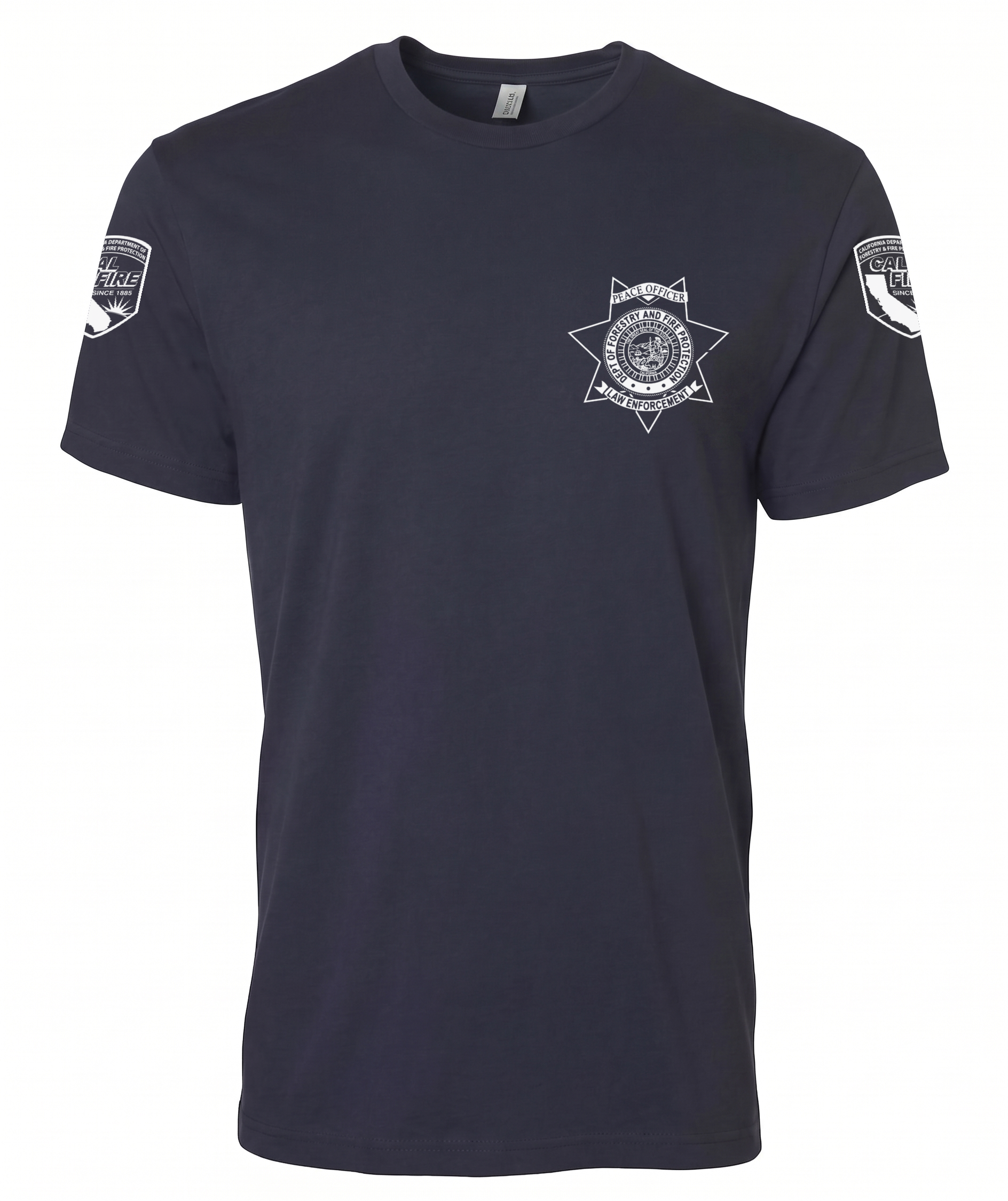 Navy Independent Trading lightweight short-sleeve CAL FIRE Law Enforcement shirt, front view, with the white CAL FIRE Peace Officer seven-point star badge on the left chest and a CAL FIRE shield on each shoulder