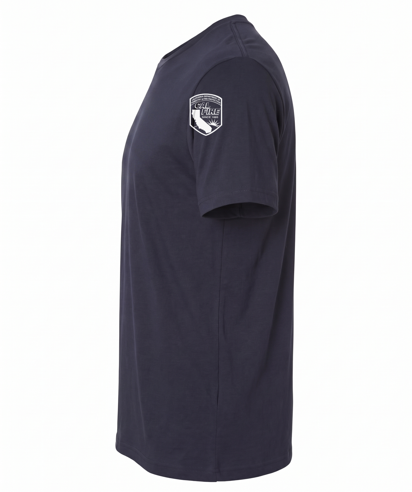 Side profile of the navy Independent Trading lightweight short-sleeve CAL FIRE Law Enforcement shirt showing the CAL FIRE shield printed on the shoulder