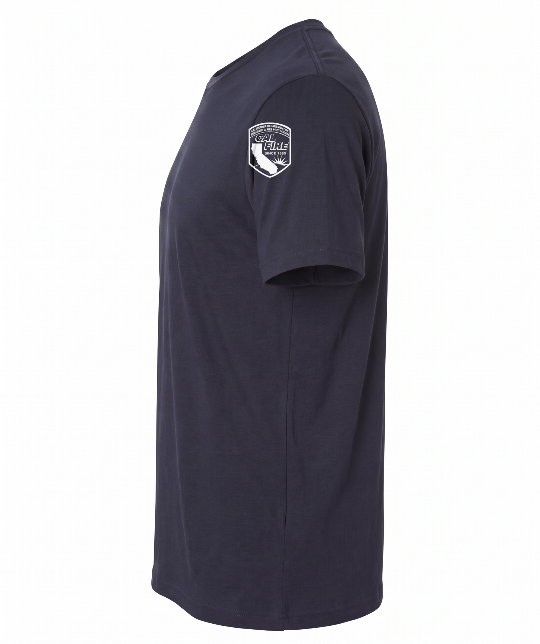 Side profile of the navy Independent Trading lightweight short-sleeve CAL FIRE Law Enforcement shirt showing the CAL FIRE shield printed on the shoulder
