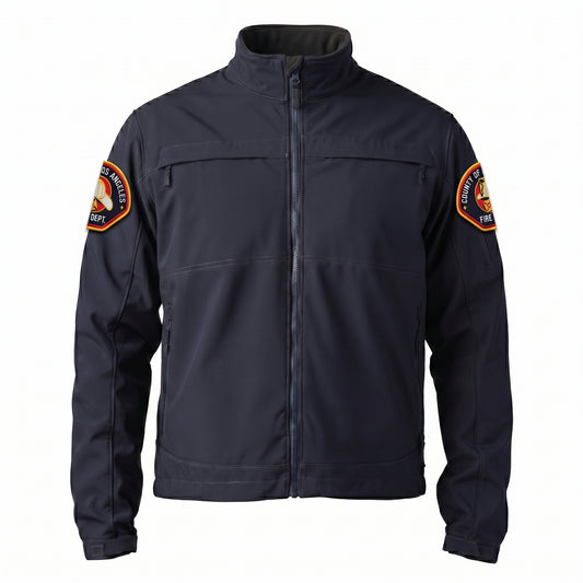 L.A. County 5.11 Chameleon softshell jacket in midnight navy with County of Los Angeles Fire Department patch on both shoulders