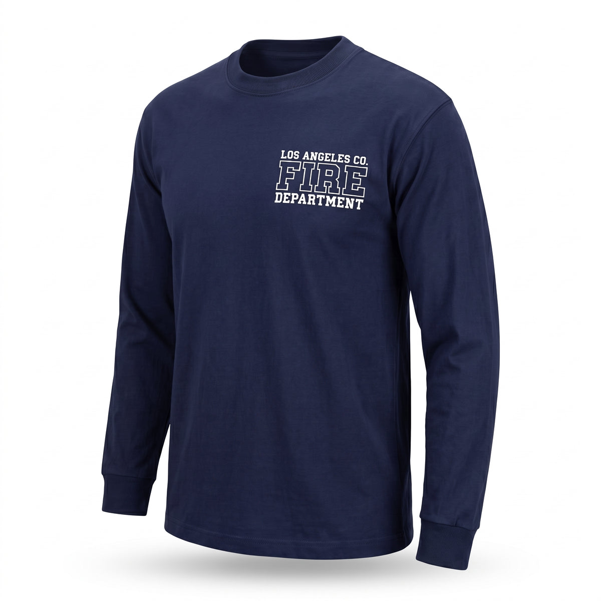 Los Angeles County Fire Department Pro Club Comfort men's long sleeve navy shirt, three-quarter angle view