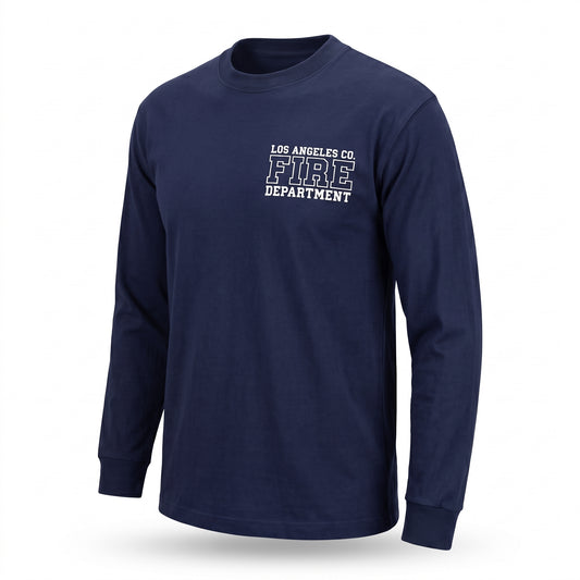 Los Angeles County Fire Department Pro Club Comfort men's long sleeve navy shirt, three-quarter angle view