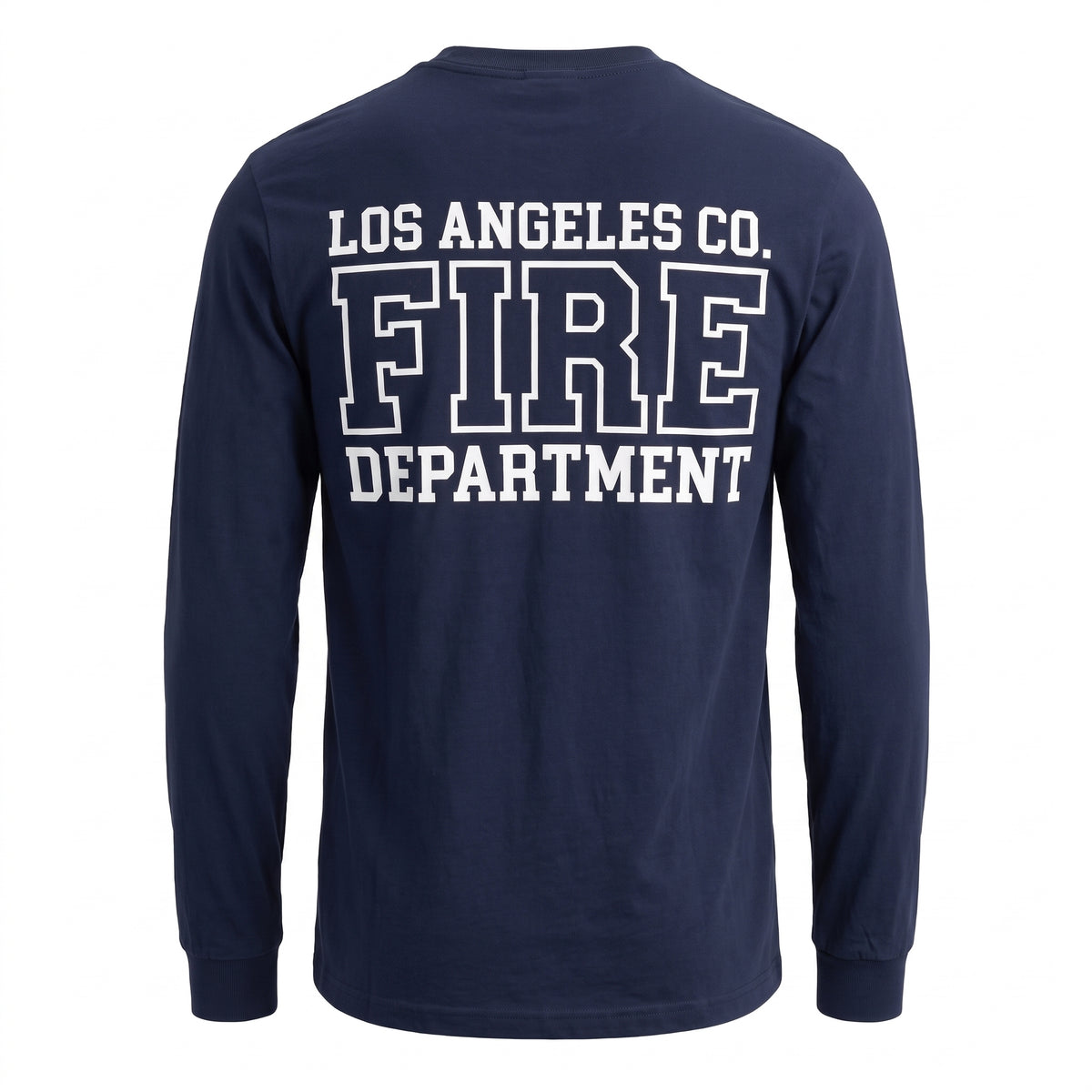 Los Angeles County Fire Department Pro Club Comfort men's long sleeve navy shirt, back view with large LACoFD logo across the shoulders