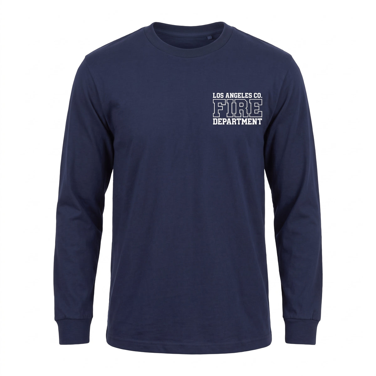 Los Angeles County Fire Department Pro Club Comfort men's long sleeve navy shirt, front view with left chest LACoFD logo