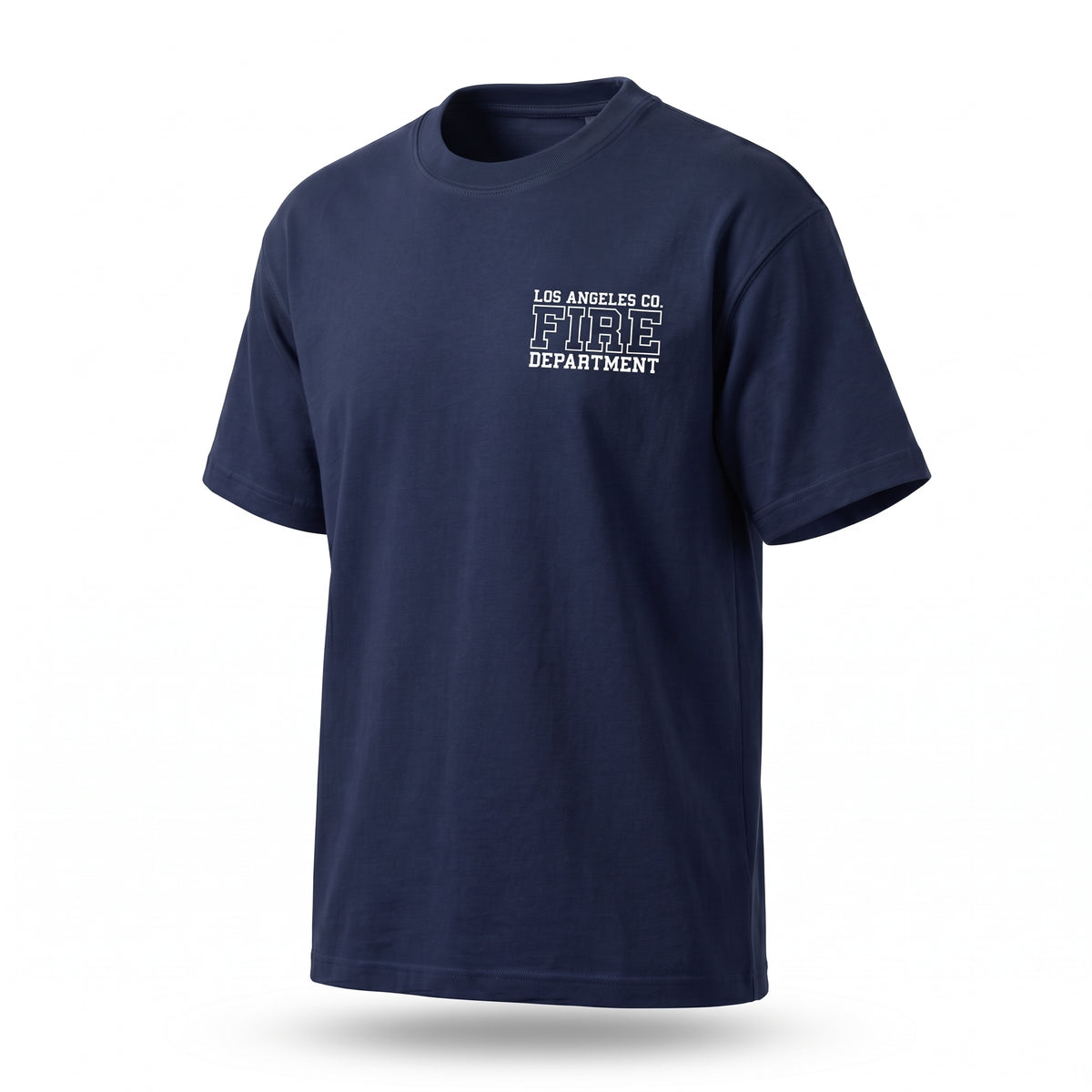 Los Angeles County Fire Department Pro Club Comfort men's short sleeve navy shirt, three-quarter angle view