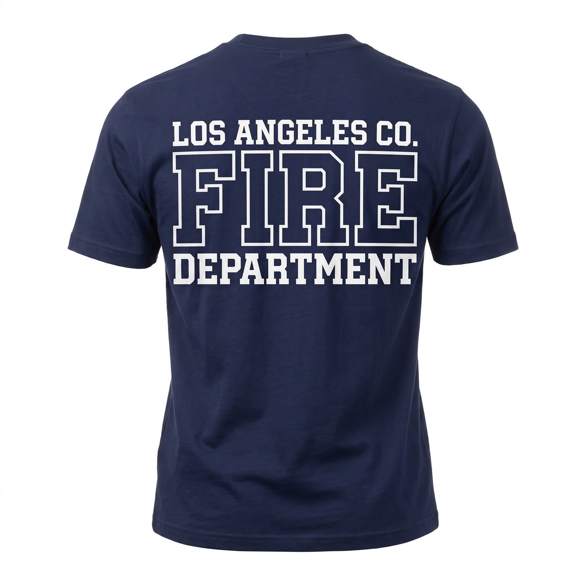 Los Angeles County Fire Department Pro Club Comfort men's short sleeve navy shirt, back view with large LACoFD logo across the shoulders