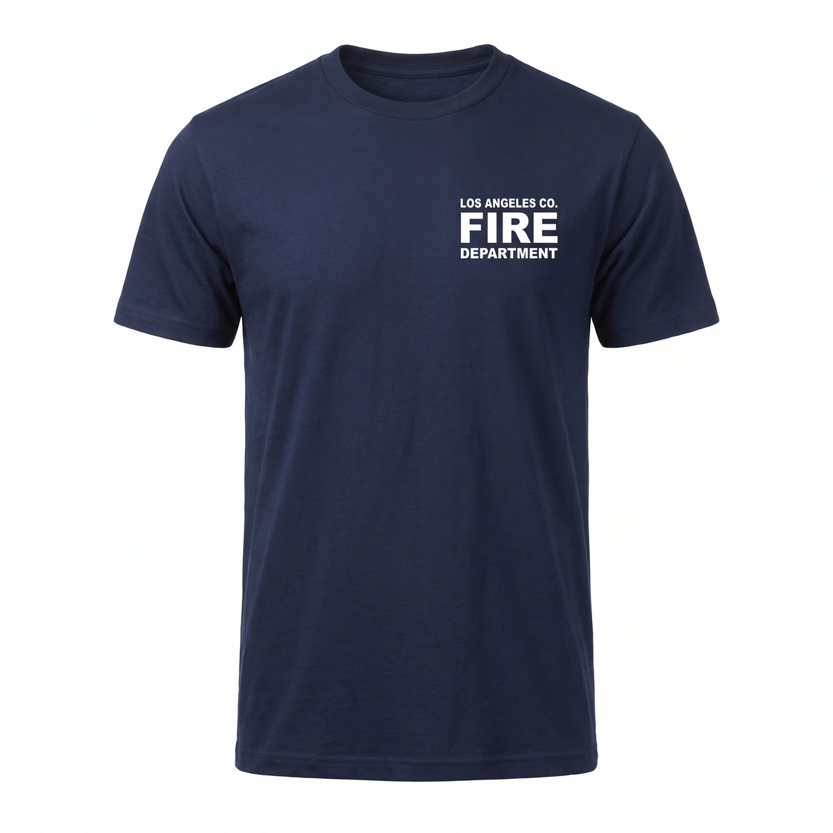 Los Angeles County Fire Department Pro Club Comfort men's short sleeve navy shirt, front view with left chest LACoFD logo