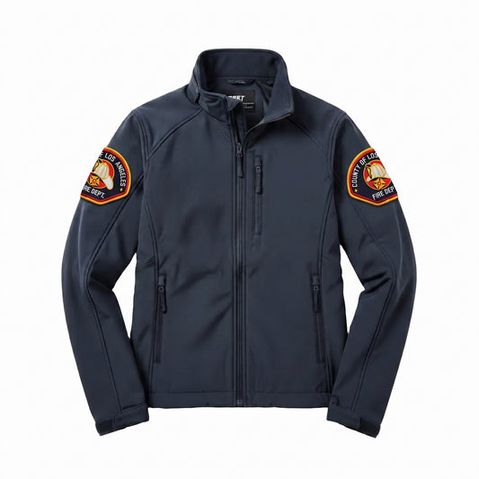 L.A. County First Tactical Tactix softshell jacket in midnight navy with County of Los Angeles Fire Department patch on both shoulders