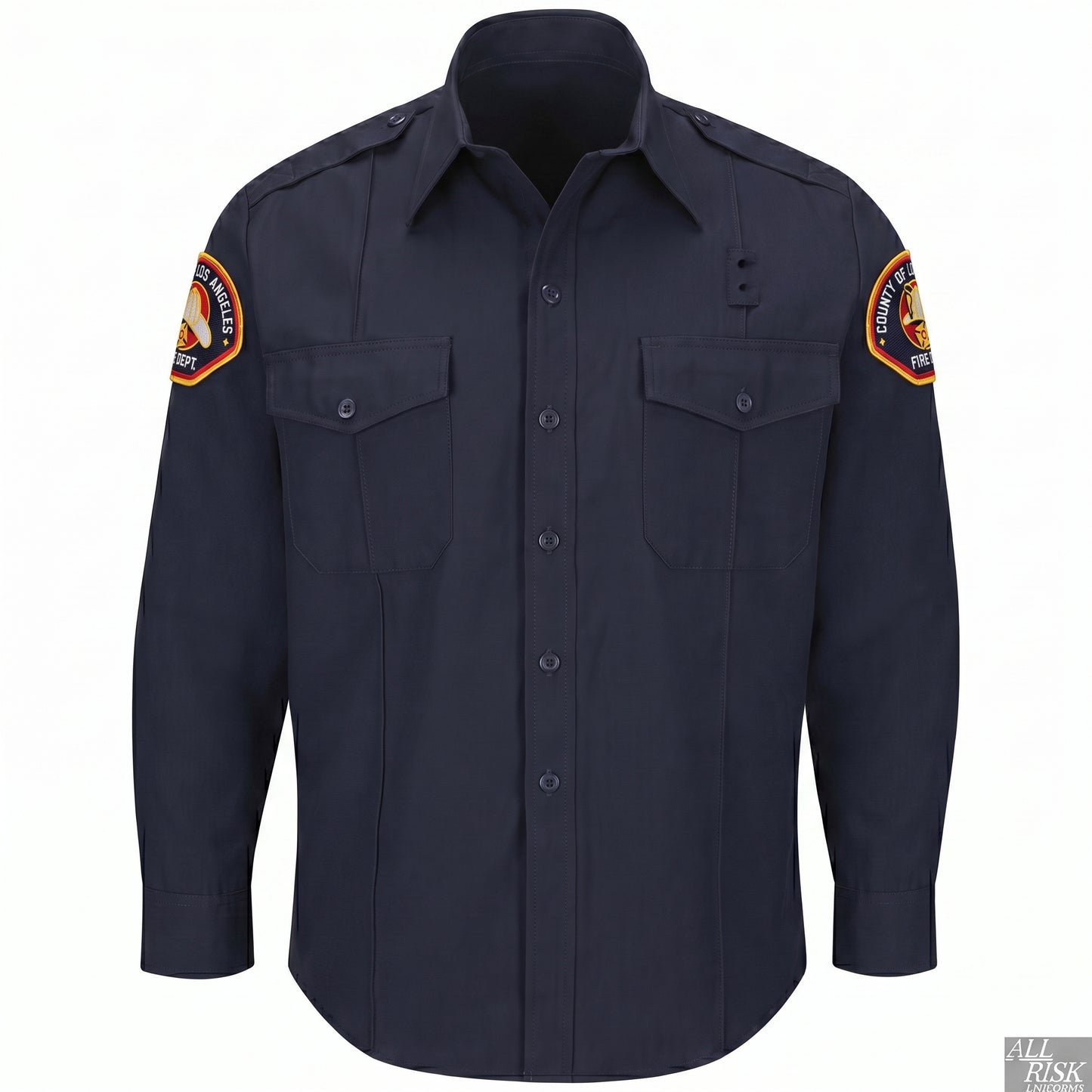 L.A. County WorkRite men's long sleeve Nomex shirt in midnight navy with County of Los Angeles Fire Department shoulder patch on both sleeves