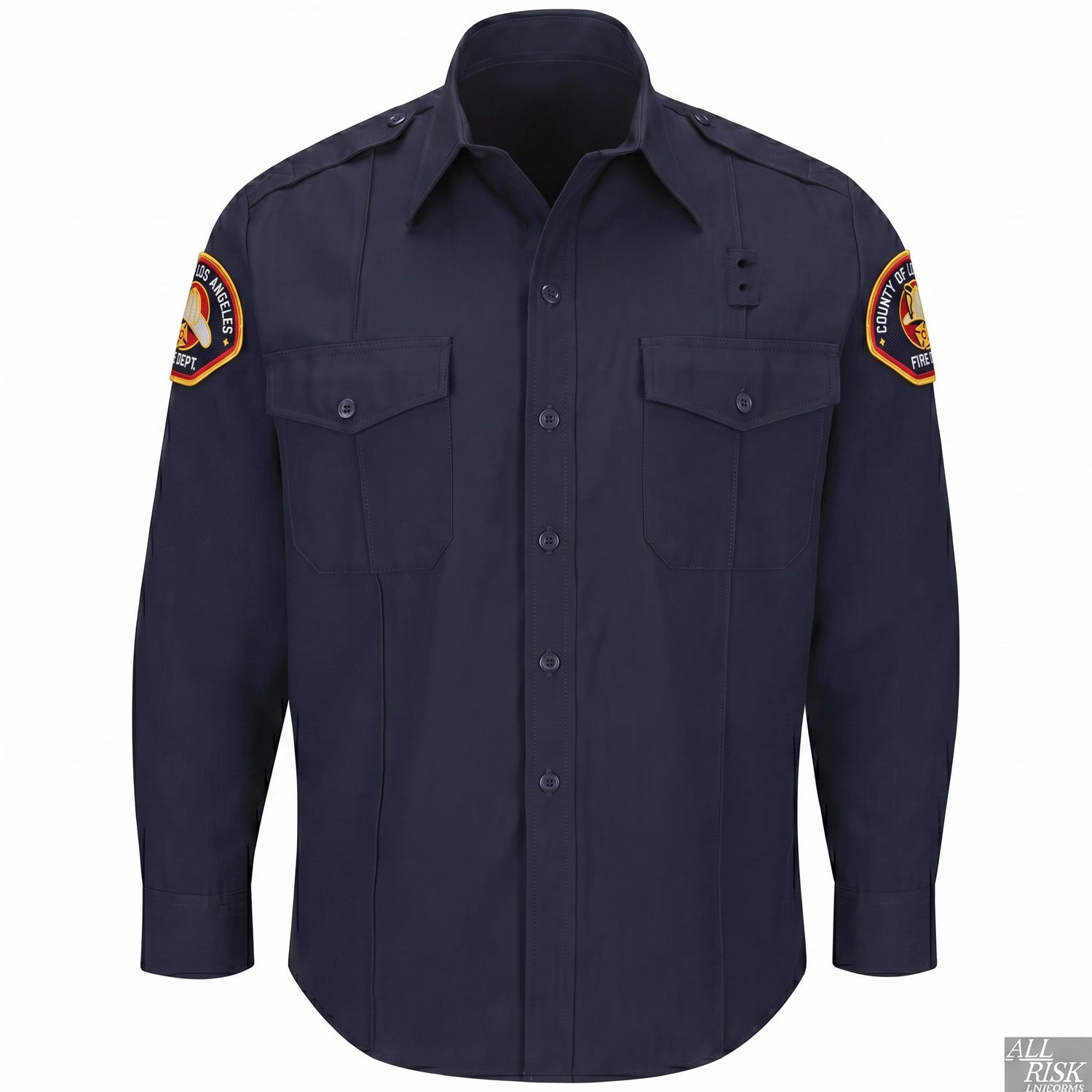 L.A. County WorkRite men's long sleeve Nomex shirt in midnight navy with County of Los Angeles Fire Department shoulder patch on both sleeves