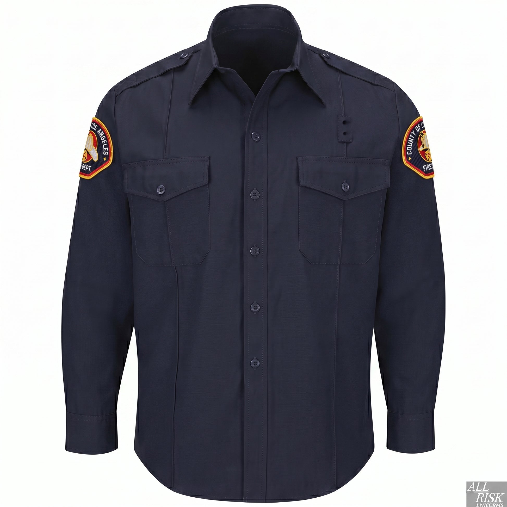 L.A. County WorkRite men's long sleeve Nomex shirt in midnight navy with County of Los Angeles Fire Department shoulder patch on both sleeves