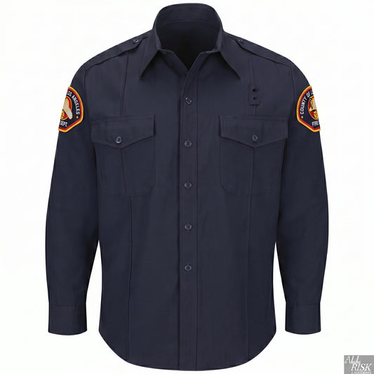 L.A. County WorkRite men's long sleeve Nomex shirt in midnight navy with County of Los Angeles Fire Department shoulder patch on both sleeves