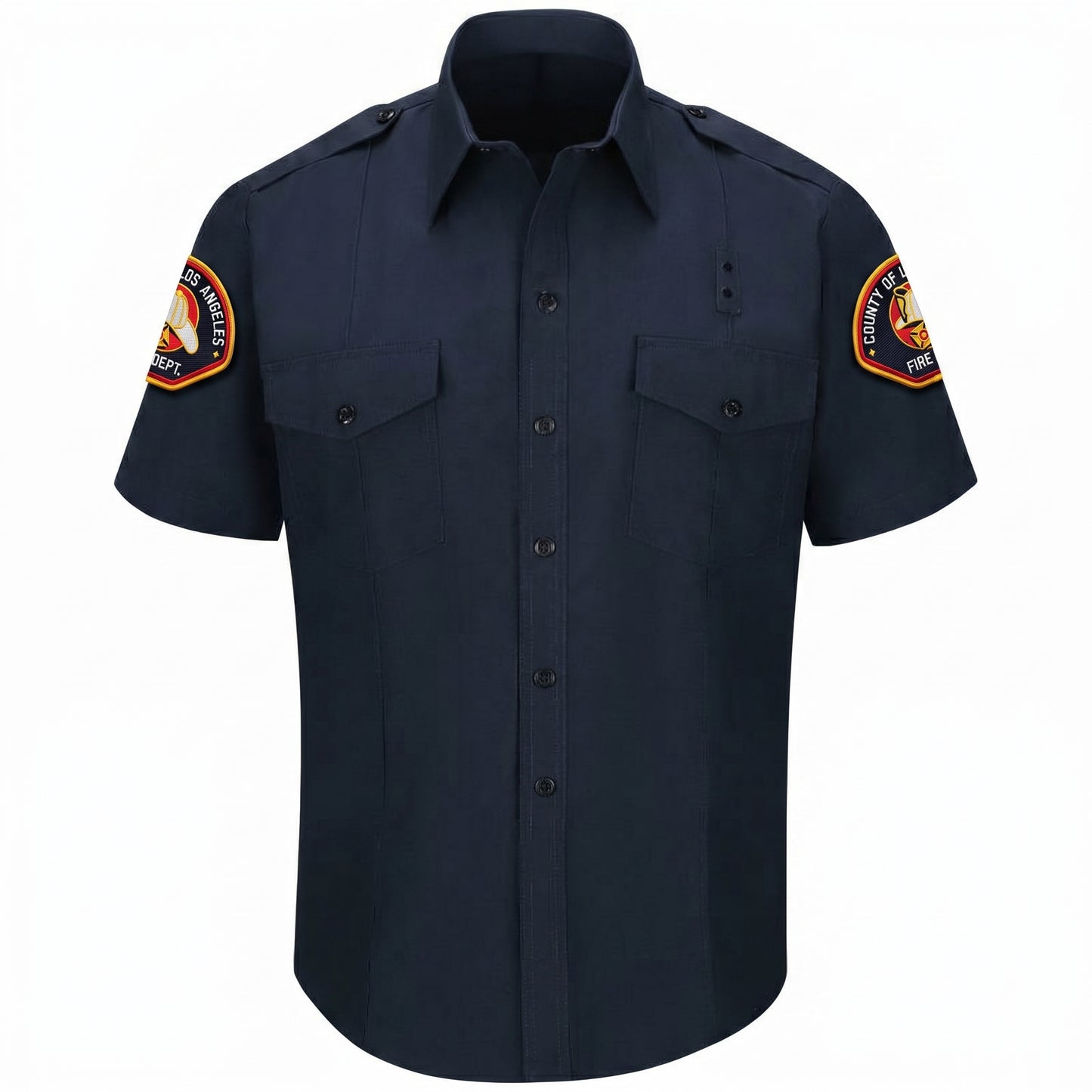 L.A. County WorkRite men's short sleeve Nomex shirt in midnight navy with County of Los Angeles Fire Department shoulder patch on both sleeves