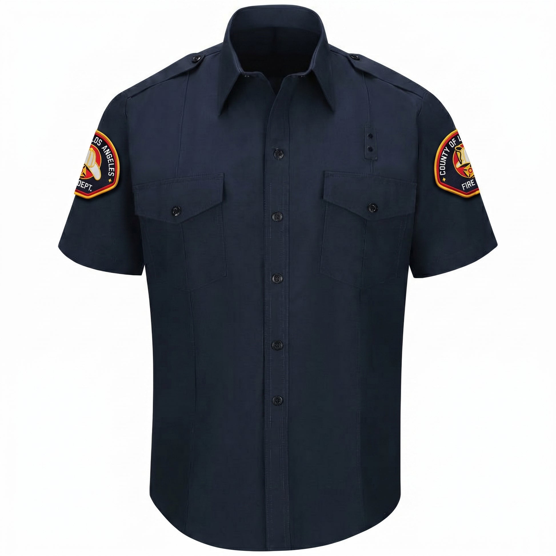 L.A. County WorkRite men's short sleeve Nomex shirt in midnight navy with County of Los Angeles Fire Department shoulder patch on both sleeves