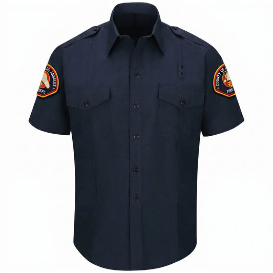 L.A. County WorkRite men's short sleeve Nomex shirt in midnight navy with County of Los Angeles Fire Department shoulder patch on both sleeves