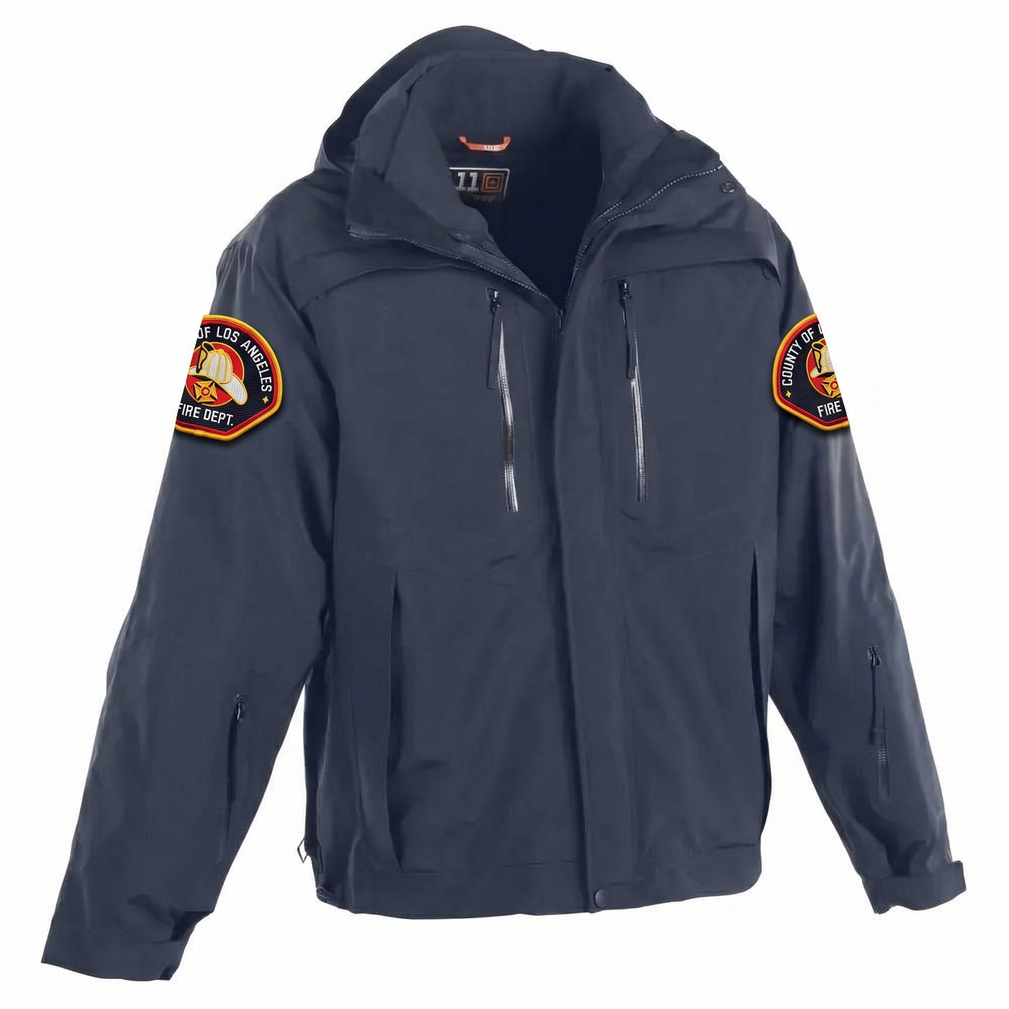 L.A. County 5.11 Valiant jacket in midnight navy with County of Los Angeles Fire Department patch on both shoulders
