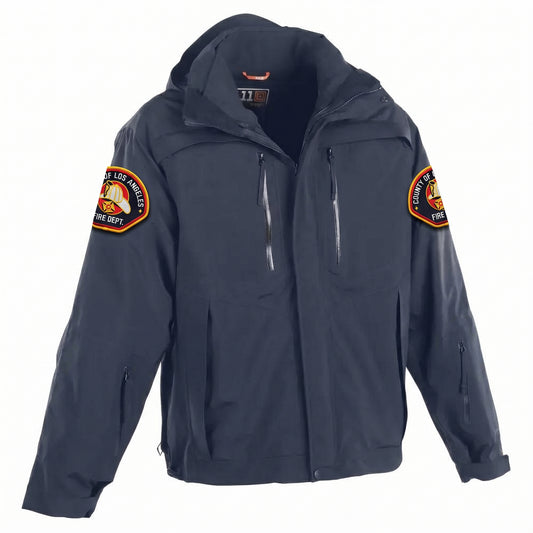 L.A. County 5.11 Valiant jacket in midnight navy with County of Los Angeles Fire Department patch on both shoulders
