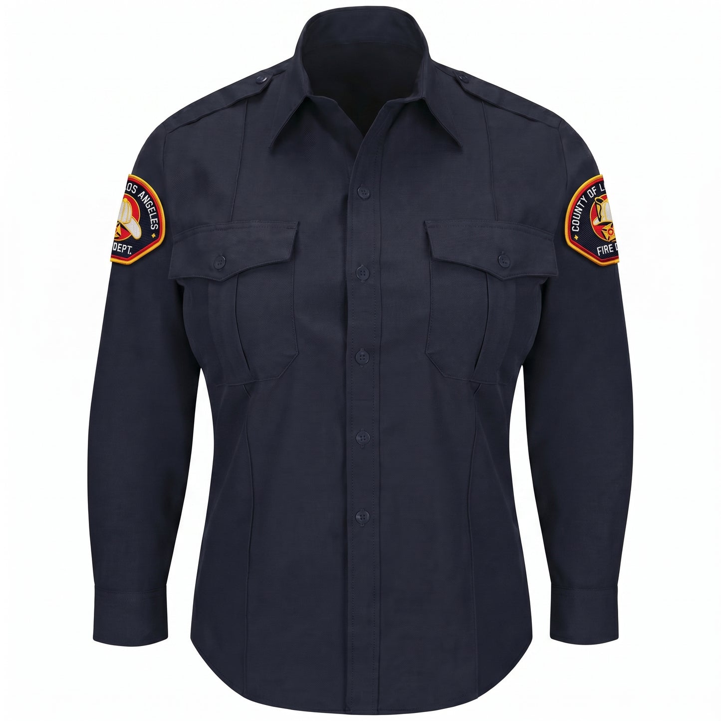 L.A. County WorkRite women's long sleeve Nomex shirt in midnight navy with County of Los Angeles Fire Department shoulder patch on both sleeves