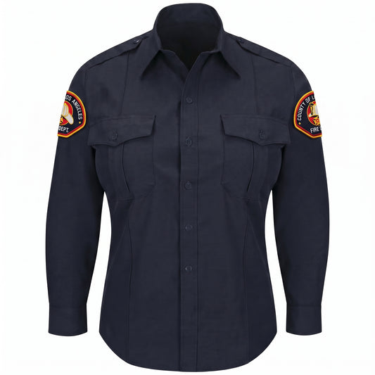 L.A. County WorkRite women's long sleeve Nomex shirt in midnight navy with County of Los Angeles Fire Department shoulder patch on both sleeves