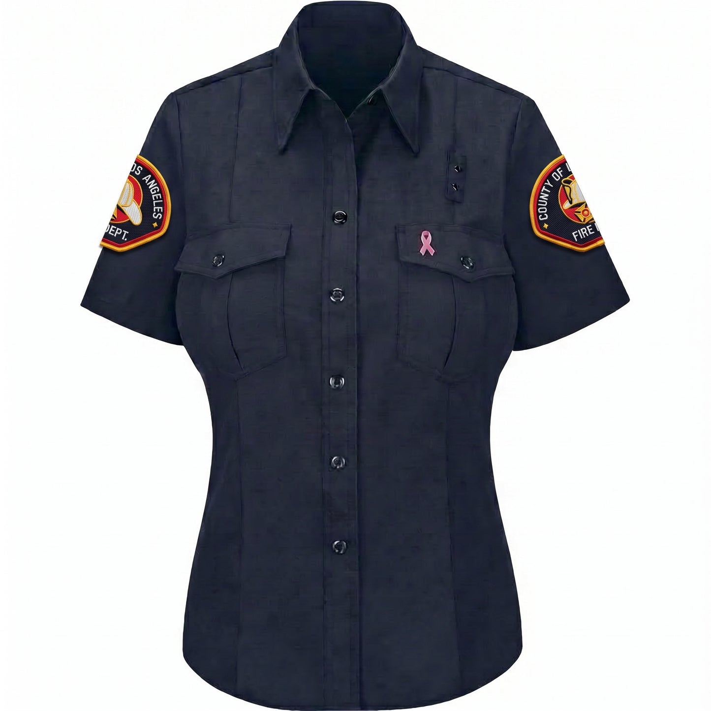 L.A. County WorkRite women's short sleeve Nomex shirt in midnight navy with County of Los Angeles Fire Department shoulder patch on both sleeves