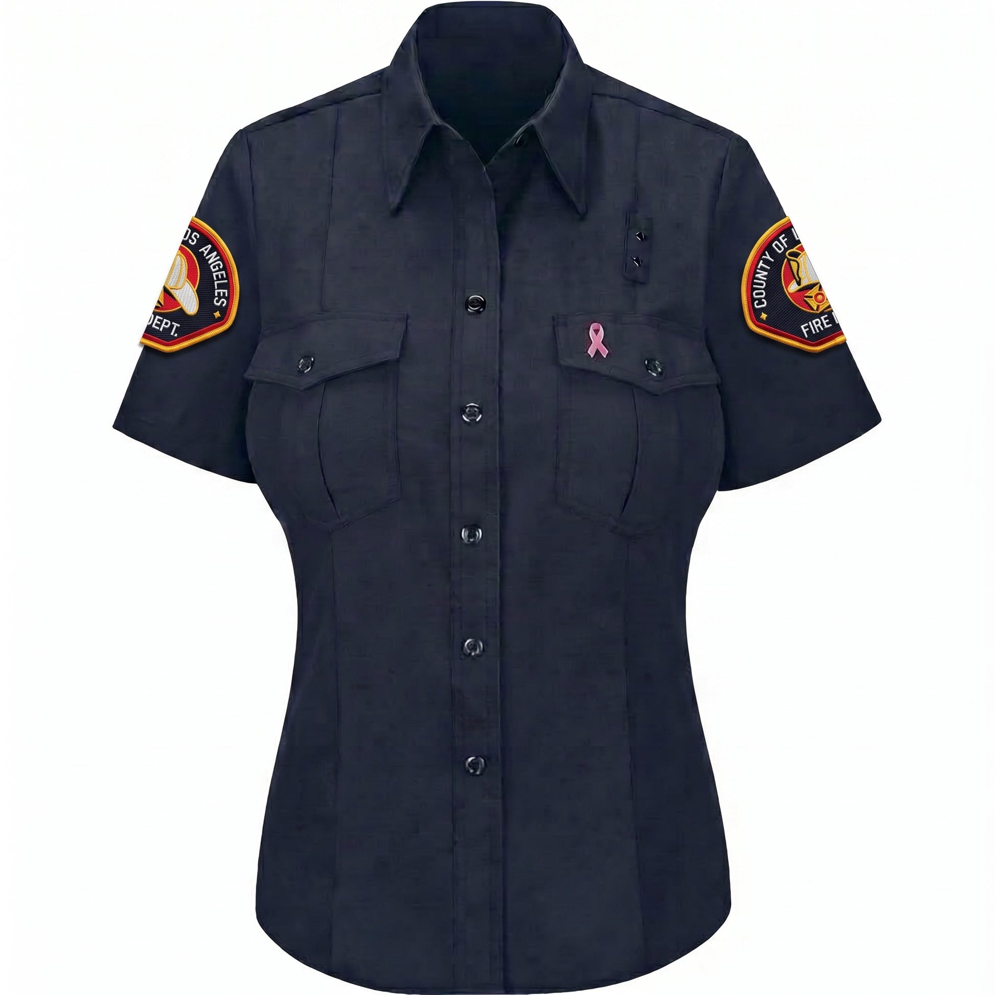 L.A. County WorkRite women's short sleeve Nomex shirt in midnight navy with County of Los Angeles Fire Department shoulder patch on both sleeves