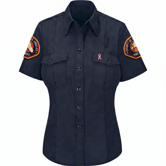 L.A. County WorkRite women's short sleeve Nomex shirt in midnight navy with County of Los Angeles Fire Department shoulder patch on both sleeves