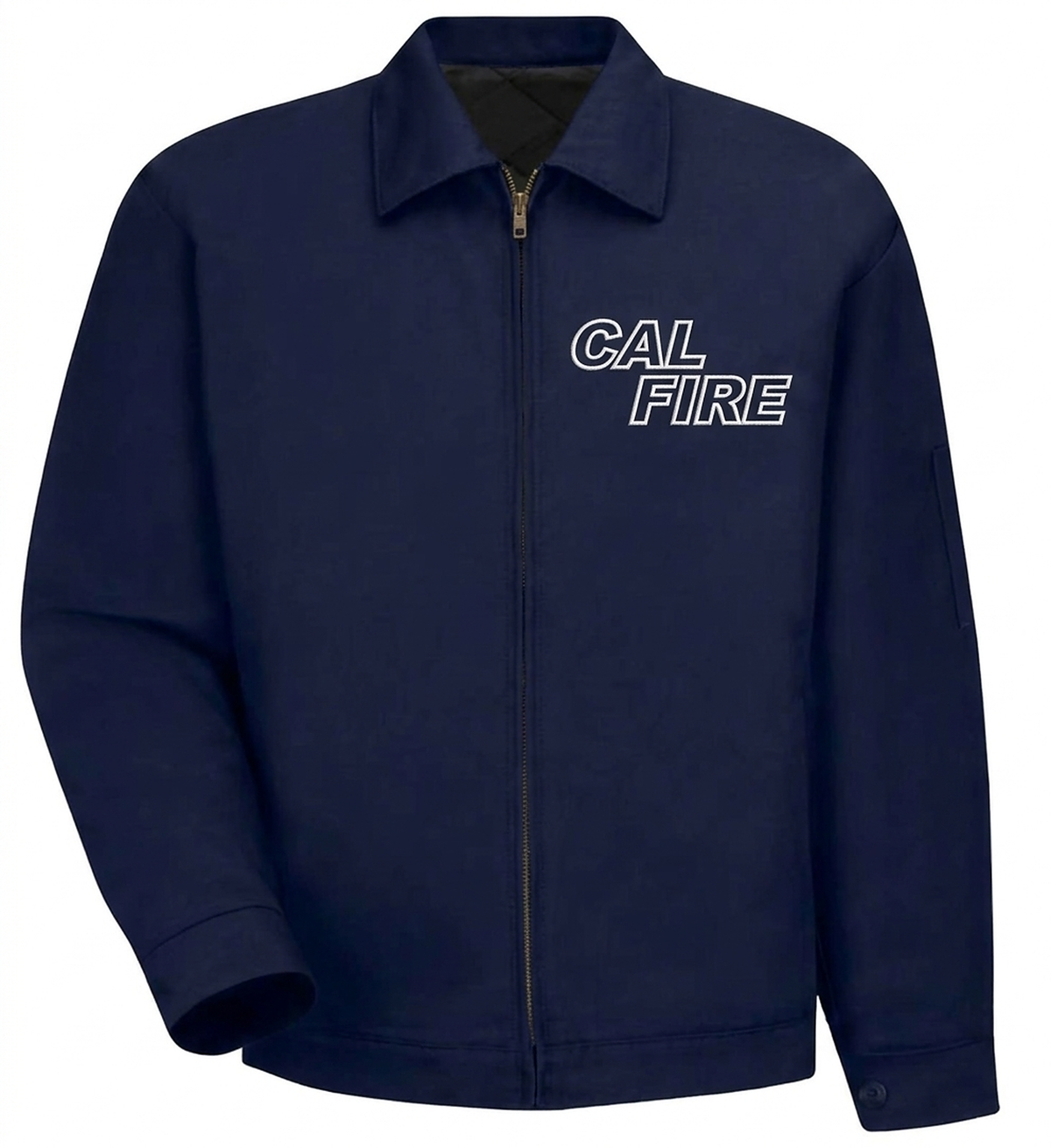 Navy CAL FIRE mechanics jacket, front view with the white-outline CAL FIRE wordmark on the left chest.