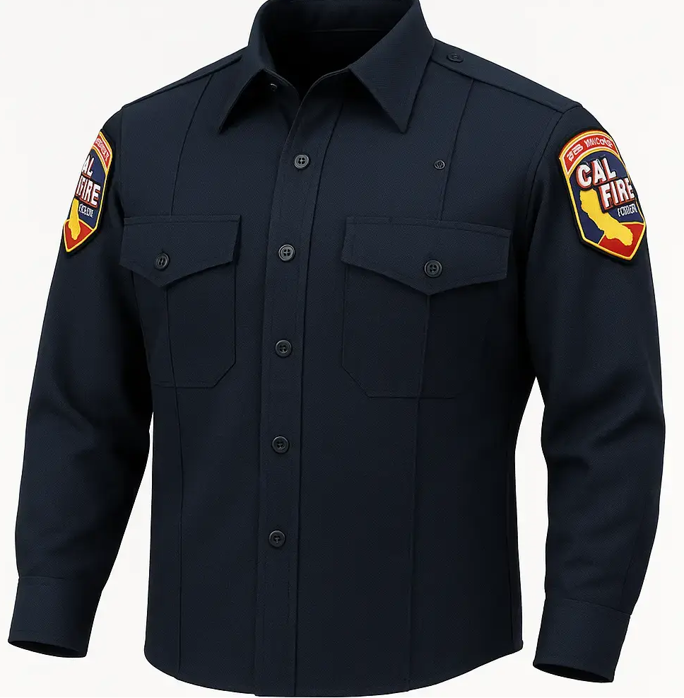 Midnight navy Flying Cross long-sleeve Nomex shirt, front view with CAL FIRE shield patches on both shoulders, epaulettes, and two flap chest pockets.