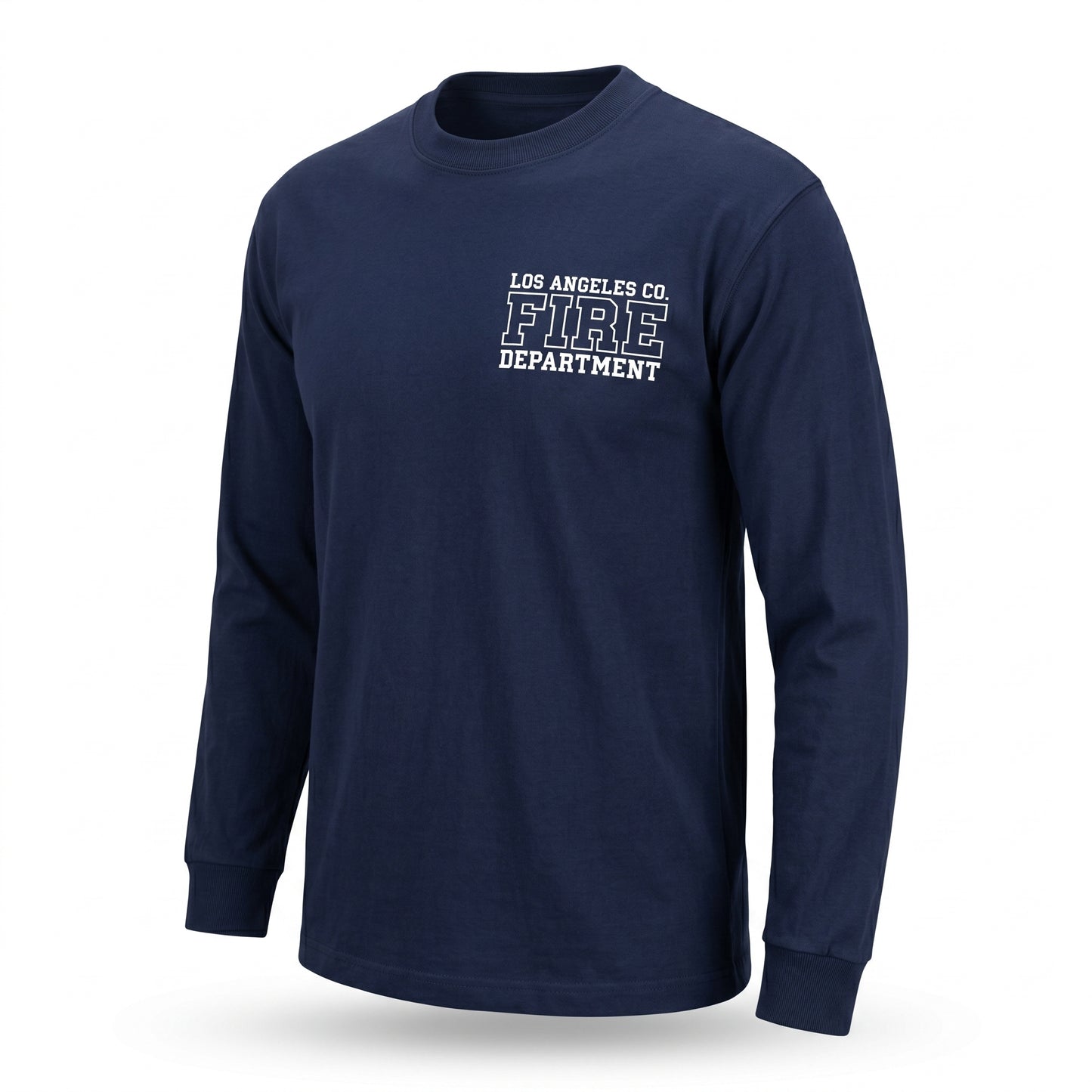Los Angeles County Fire Department Pro Club men's long sleeve navy shirt, three-quarter angle view