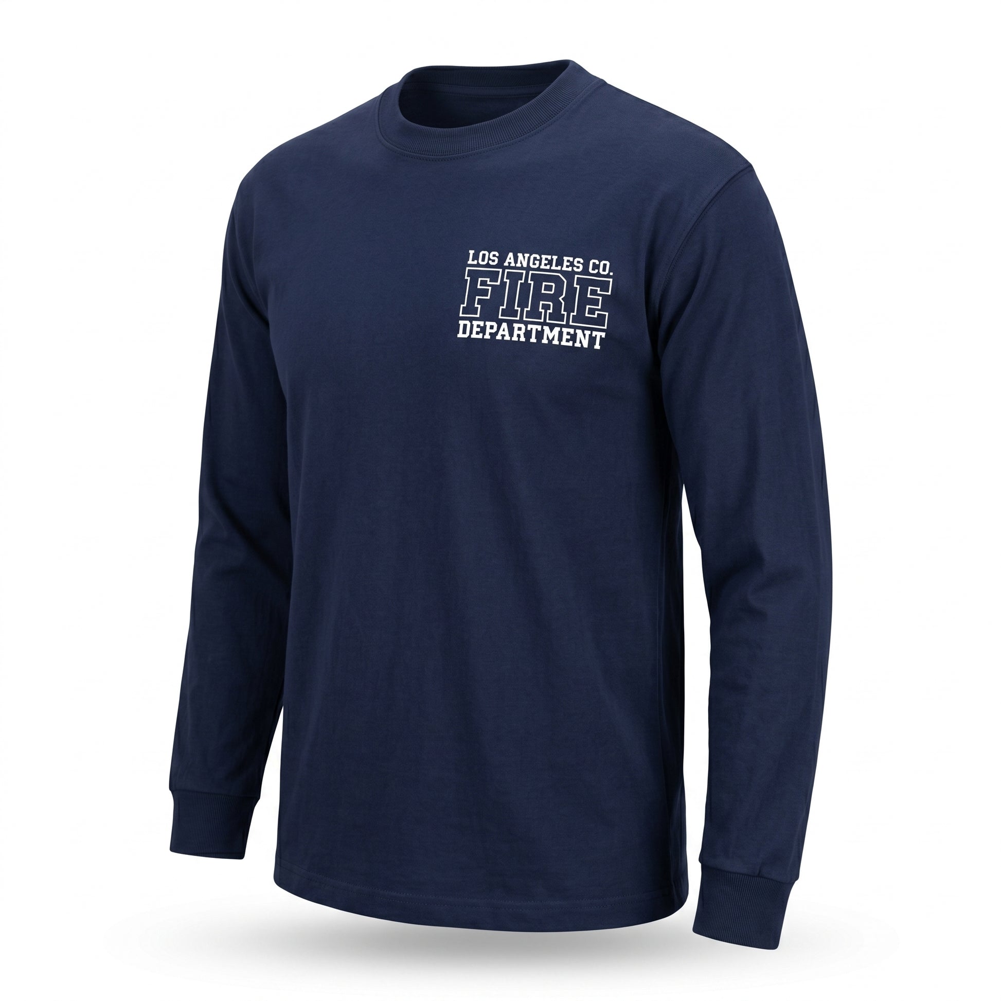 Los Angeles County Fire Department Pro Club men's long sleeve navy shirt, three-quarter angle view