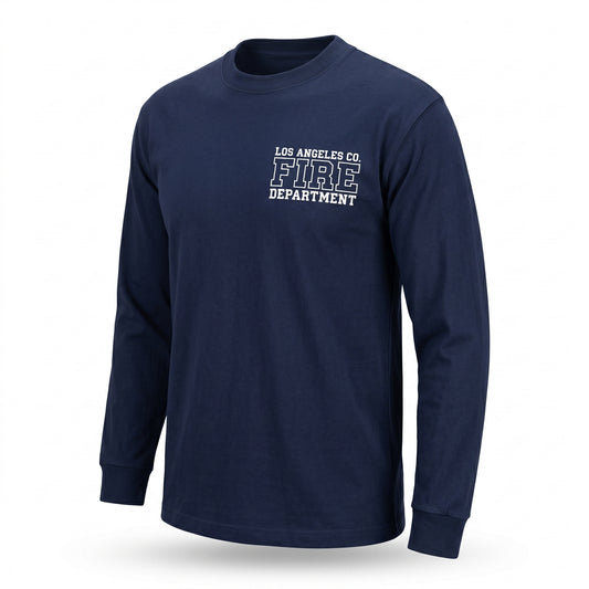 Los Angeles County Fire Department Pro Club men's long sleeve navy shirt, three-quarter angle view