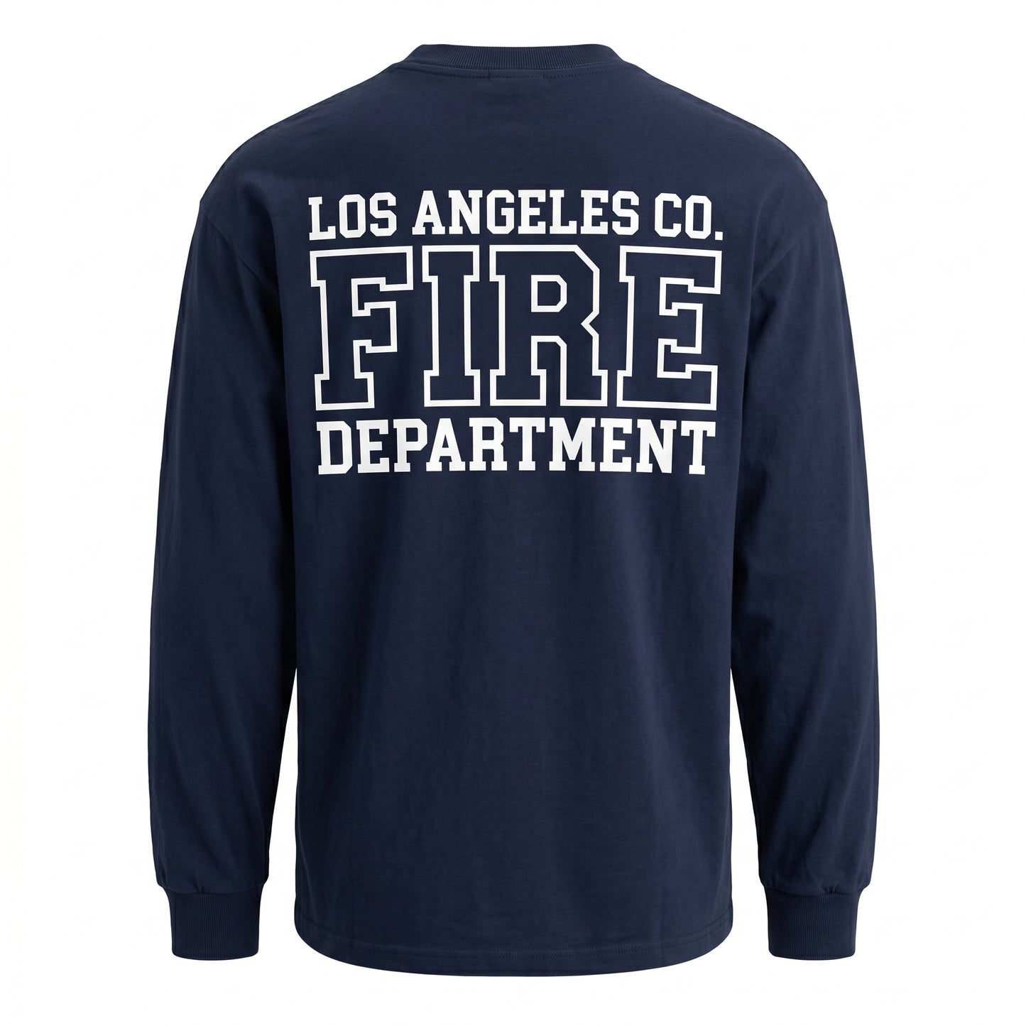 Los Angeles County Fire Department Pro Club men's long sleeve navy shirt, back view with large LACoFD logo across the shoulders