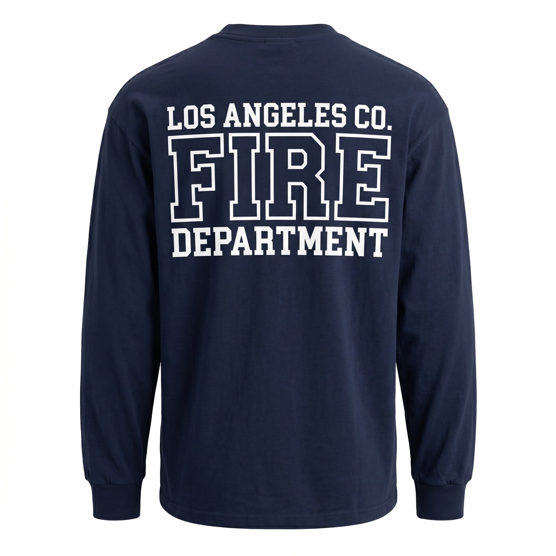 Los Angeles County Fire Department Pro Club men's long sleeve navy shirt, back view with large LACoFD logo across the shoulders