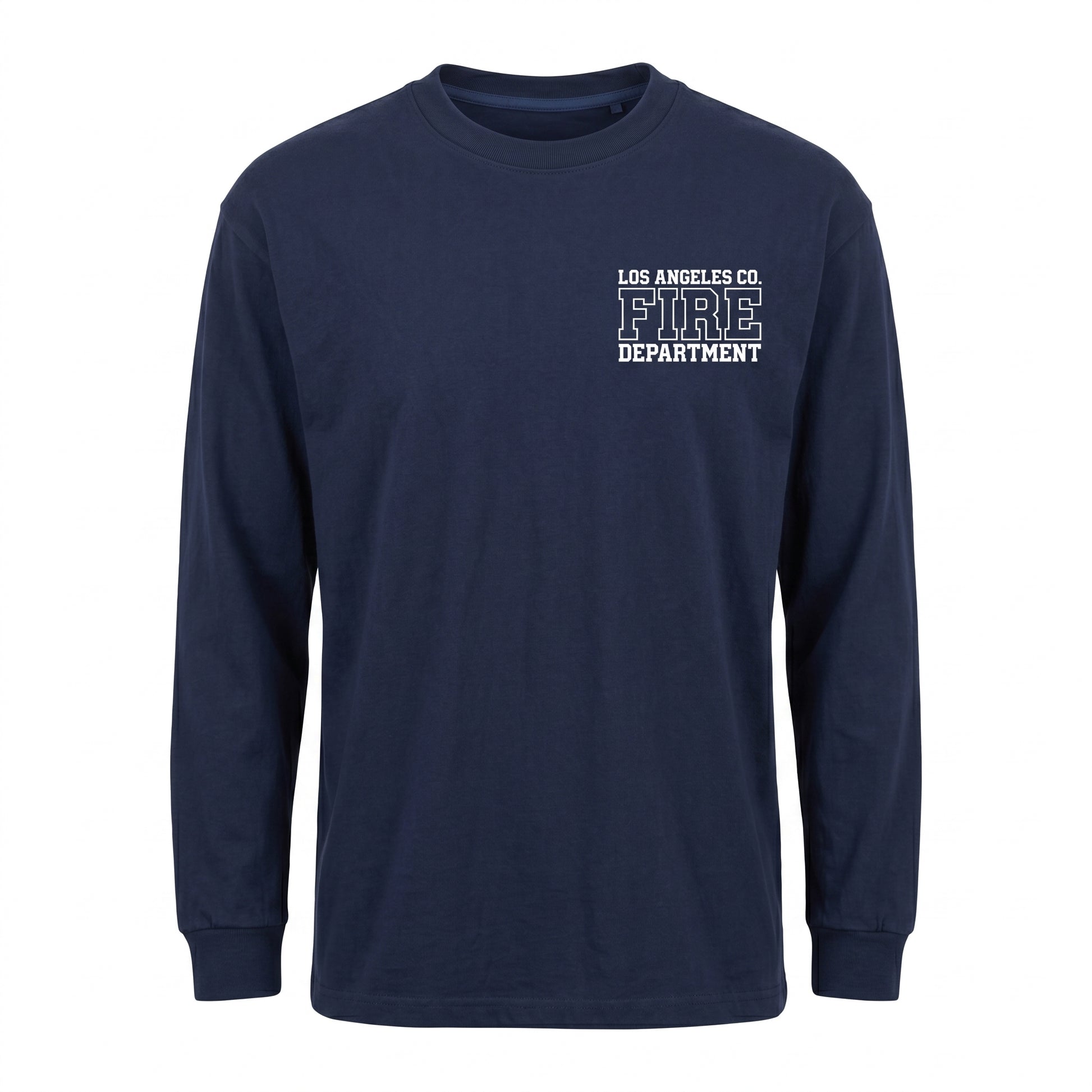 Los Angeles County Fire Department Pro Club men's long sleeve navy shirt, front view with left chest LACoFD logo