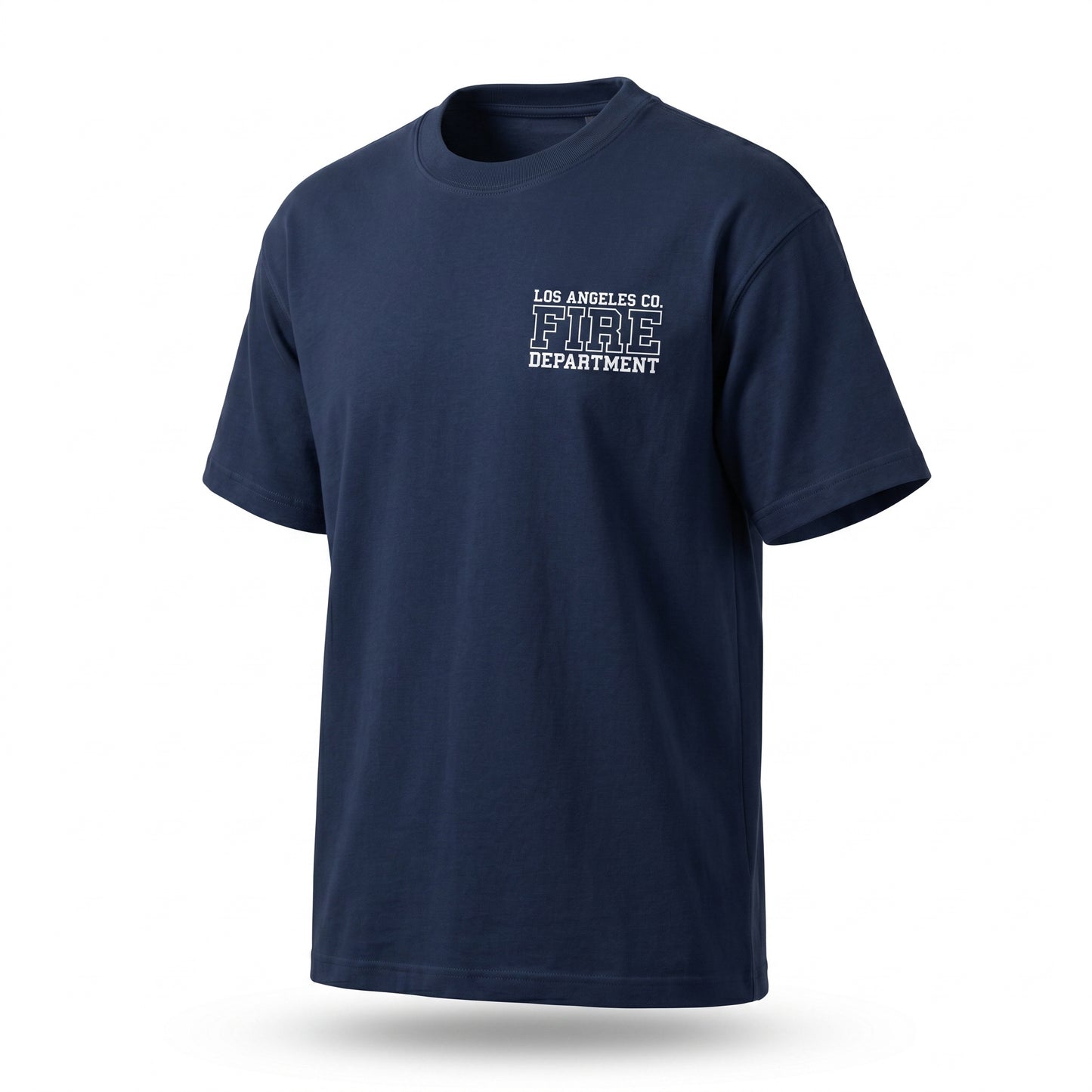Los Angeles County Fire Department Pro Club men's short sleeve navy shirt, three-quarter angle view