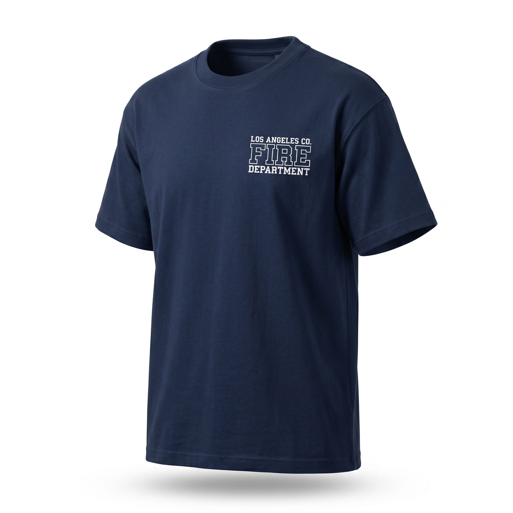 Los Angeles County Fire Department Pro Club men's short sleeve navy shirt, three-quarter angle view