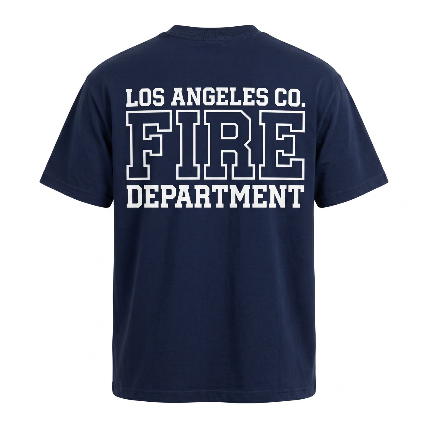 Los Angeles County Fire Department Pro Club men's short sleeve navy shirt, back view with large LACoFD logo across the shoulders