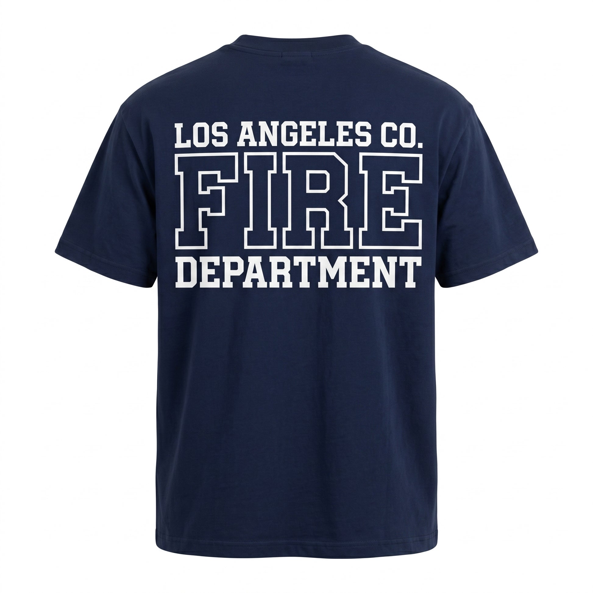 Los Angeles County Fire Department Pro Club men's short sleeve navy shirt, back view with large LACoFD logo across the shoulders