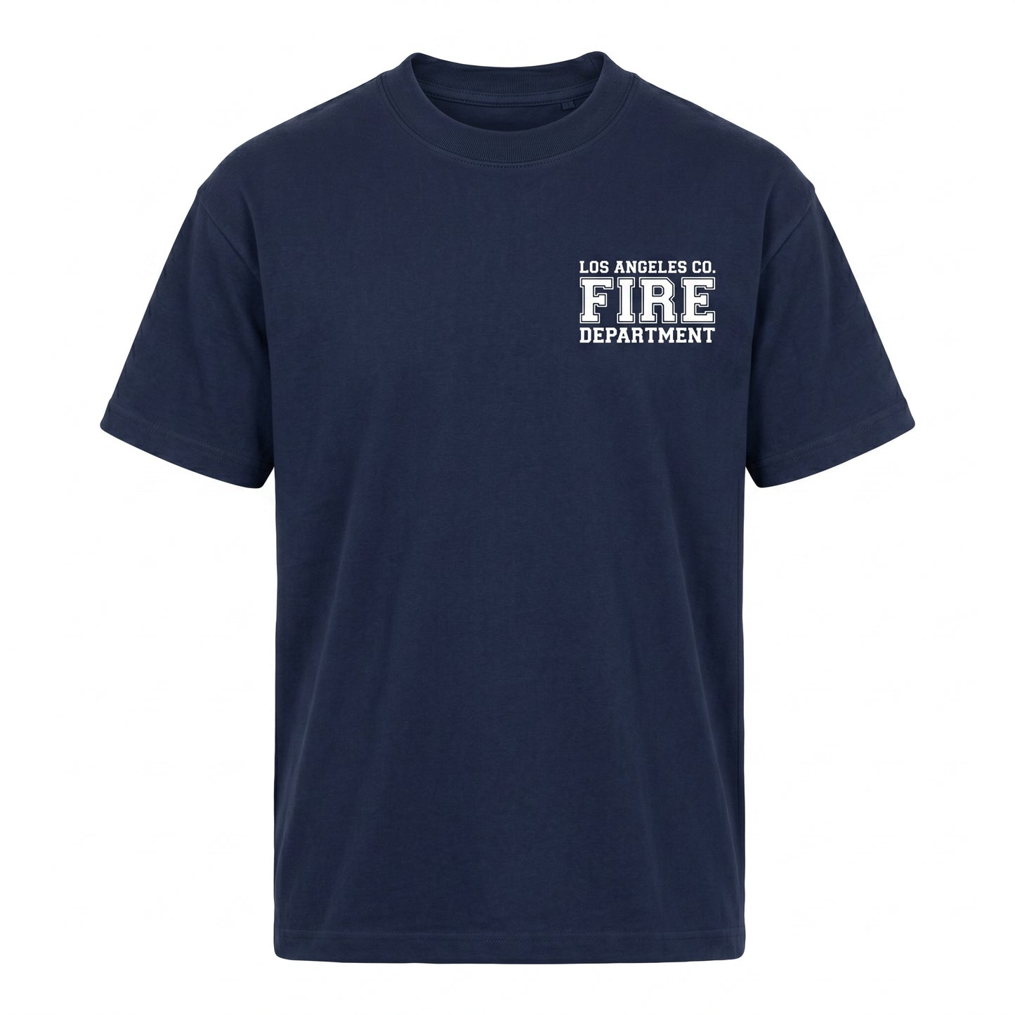 Los Angeles County Fire Department Pro Club men's short sleeve navy shirt, front view with left chest LACoFD logo