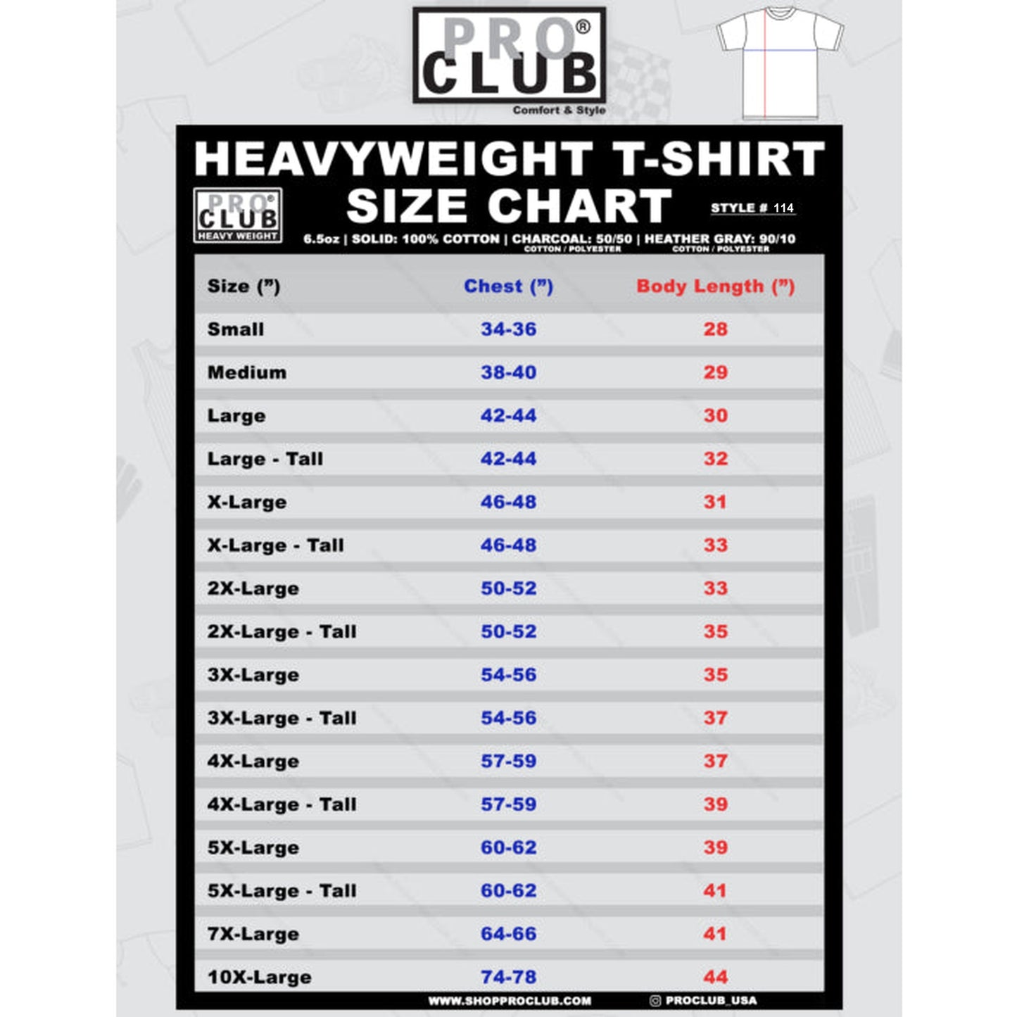 Pro Club Heavyweight T-Shirt size chart (Style 114, long sleeve) listing chest and body-length measurements in inches from Small to 10X-Large.