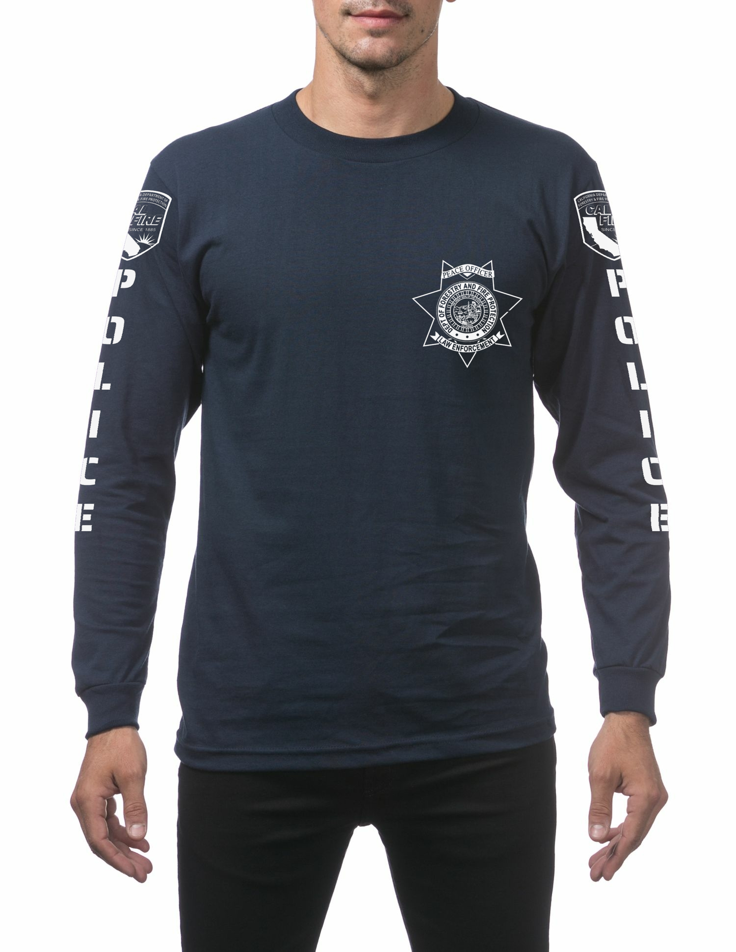 Navy Pro Club Comfort long-sleeve CAL FIRE Law Enforcement shirt, front view, with the white CAL FIRE Peace Officer seven-point star badge on the left chest and the CAL FIRE shield and vertical POLICE lettering down each sleeve