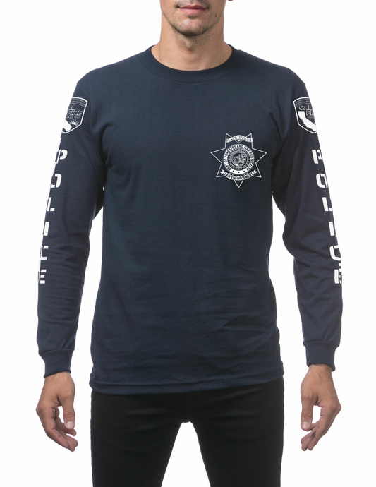 Navy Pro Club Comfort long-sleeve CAL FIRE Law Enforcement shirt, front view, with the white CAL FIRE Peace Officer seven-point star badge on the left chest and the CAL FIRE shield and vertical POLICE lettering down each sleeve