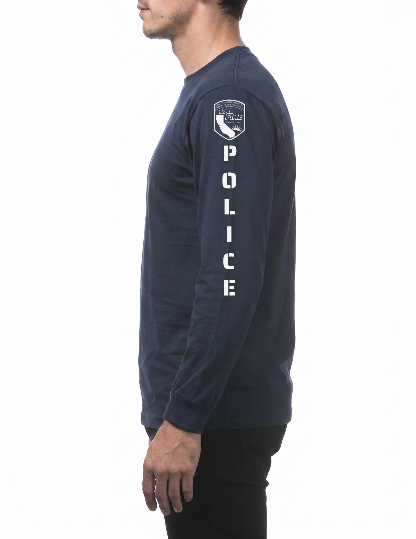 Side profile of the navy Pro Club Comfort long-sleeve CAL FIRE Law Enforcement shirt showing the full sleeve print - the CAL FIRE shield on the shoulder above vertical POLICE lettering running down the arm
