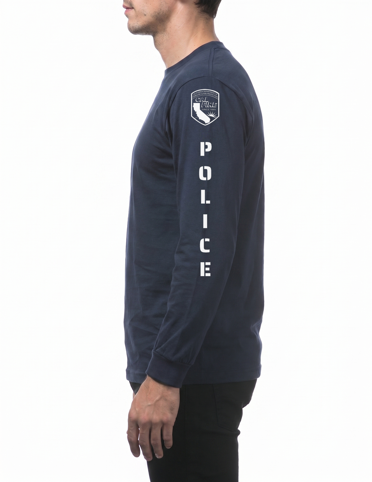 Side profile of the navy Pro Club Comfort long-sleeve CAL FIRE Law Enforcement shirt showing the full sleeve print - the CAL FIRE shield on the shoulder above vertical POLICE lettering running down the arm