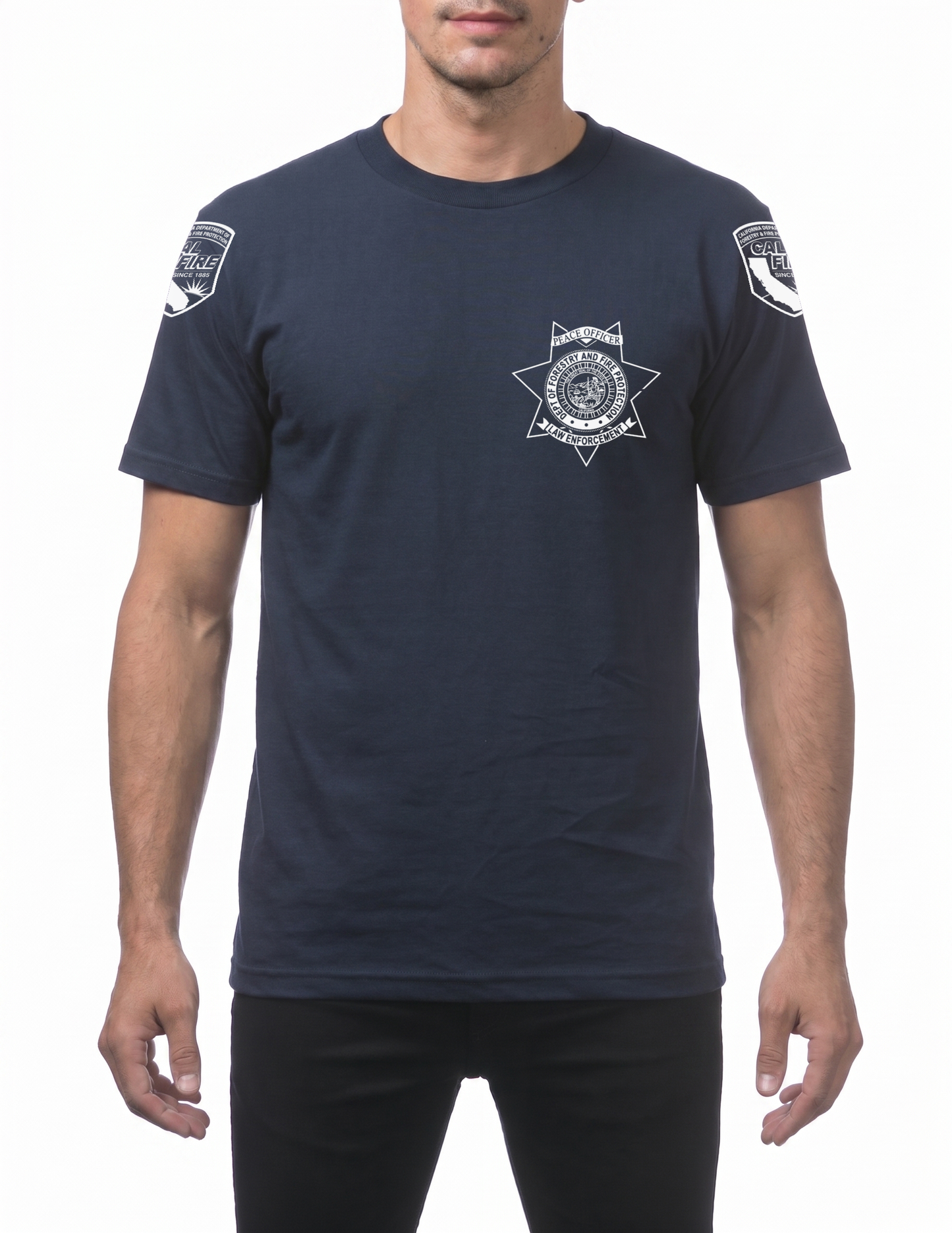 Navy Pro Club Comfort short-sleeve CAL FIRE Law Enforcement shirt, front view, with the white CAL FIRE Peace Officer seven-point star badge on the left chest and a CAL FIRE shield on each shoulder