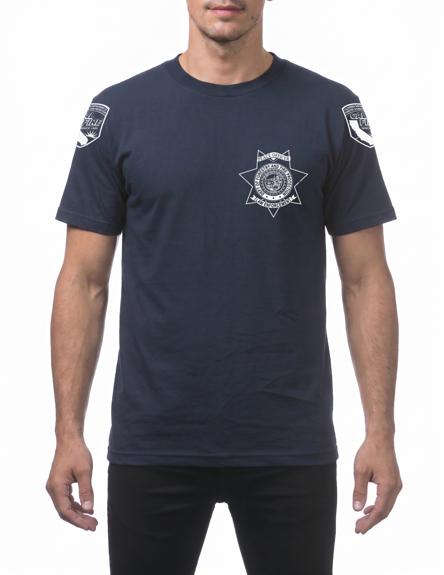 Navy Pro Club Comfort short-sleeve CAL FIRE Law Enforcement shirt, front view, with the white CAL FIRE Peace Officer seven-point star badge on the left chest and a CAL FIRE shield on each shoulder