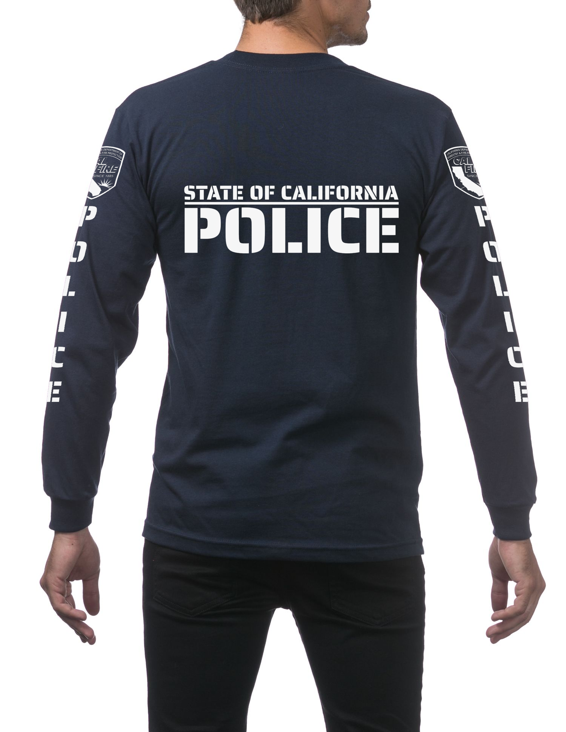 Back of the navy Pro Club heavyweight long-sleeve CAL FIRE Law Enforcement shirt showing the large white POLICE print over STATE OF CALIFORNIA, with the CAL FIRE shield on each shoulder and vertical POLICE lettering down both sleeves